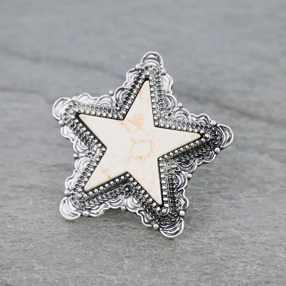 Turquoise White Black STAR Natural Stone Western Boho Style Stretch Ring Silver